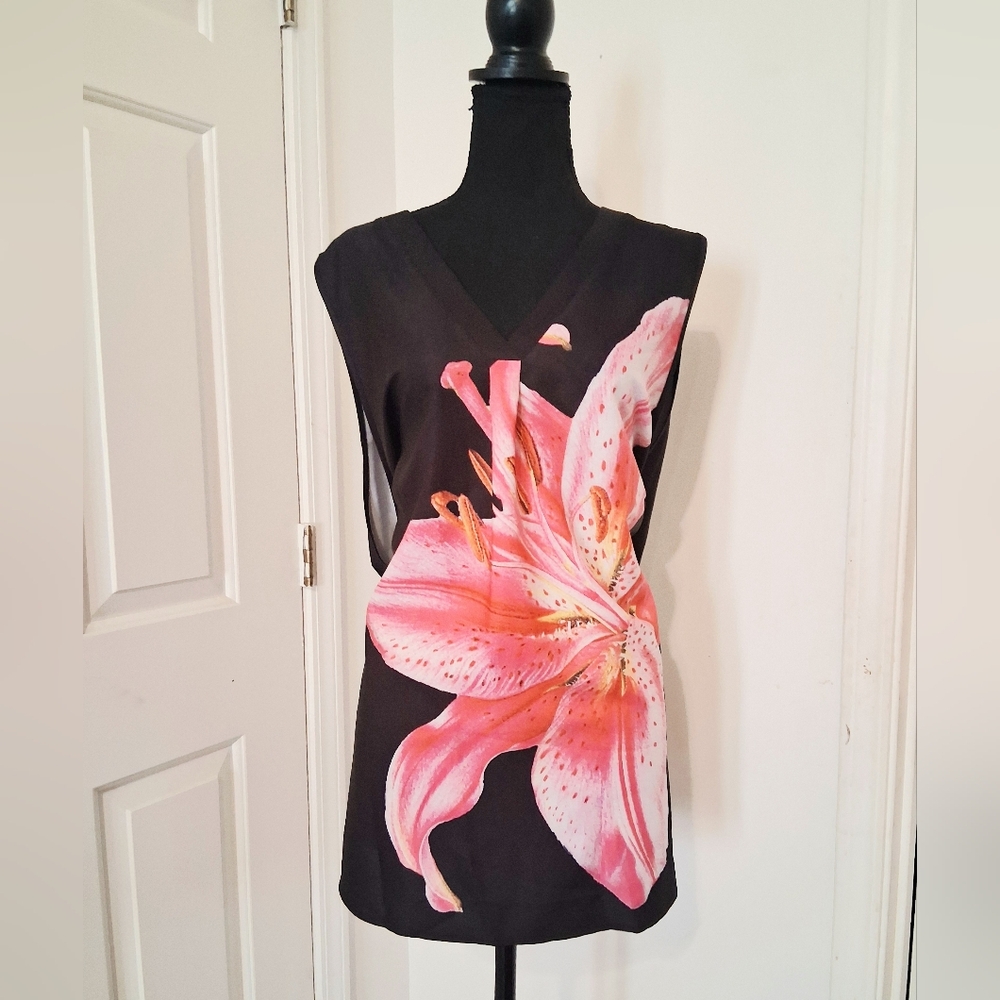Floral Print Women's Sleevless Top - Black and Pink